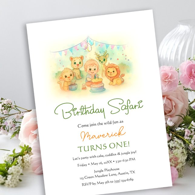 Wild One Jungle Safari Animals Boy 1st Birthday Einladung (Wild One Jungle Safari Animals Boy 1st Birthday Invitation)