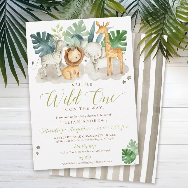 Wild One Jungle Safari Animals Boy Baby Shower Einladung (Cute Wild One watercolor jungle safari zoo animals lion crown zebra giraffe elephant boy baby shower)