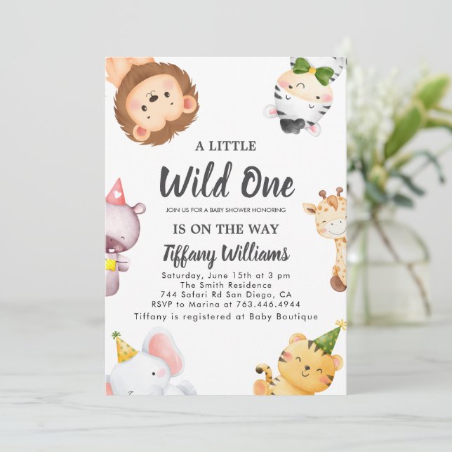 Wild One Jungle Safari Baby Shower Party Einladung (Stehend Vorderseite)