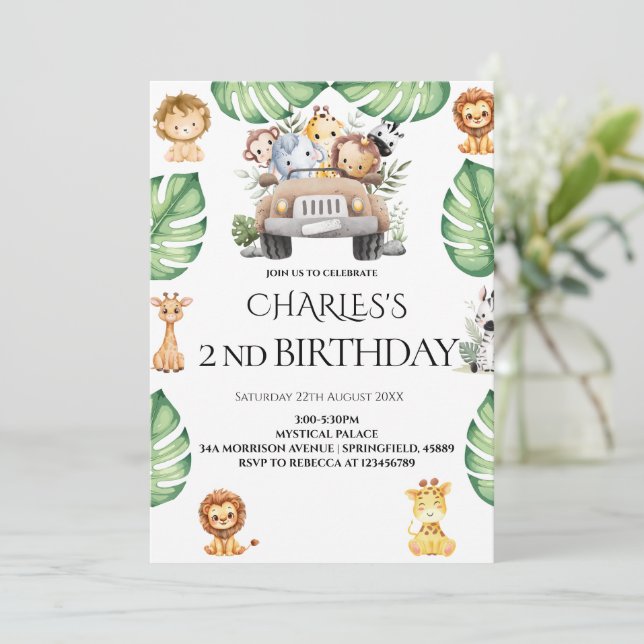 Wild One Jungle Safari Birthday for Boys Einladung (Stehend Vorderseite)