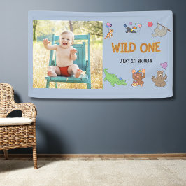 Wild One Jungle Safari Blue 1. Geburtstag Banner