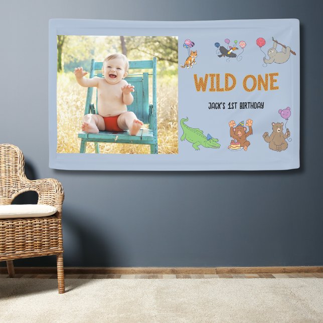 Wild One Jungle Safari Blue 1. Geburtstag Banner (Wild one 1st birthday banner in blue with jungle safari theme. Includes photo template.)
