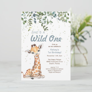 Wild One Jungle Safari Giraffe 1. Geburtstag Party Einladung