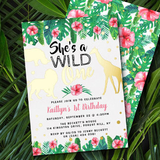 Wild One Jungle Safari Girls 1. Geburtstag Real Folieneinladung