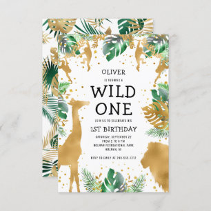 Wild One Jungle Safari Gold Green 1. Geburtstag Einladung