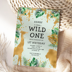 Wild One Jungle Safari Green Gold 1. Geburtstag Einladung