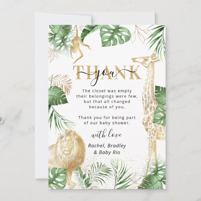 Wild One Jungle Safari Greenery Baby Shower Dankeskarte (Vorderseite)