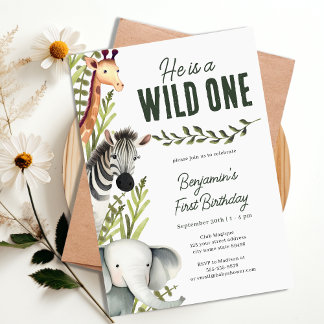 Wild One Jungle Safari Grüne 1. Geburtstag Party Einladung