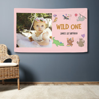 Wild One Jungle Safari Rosa 1. Geburtstag Banner