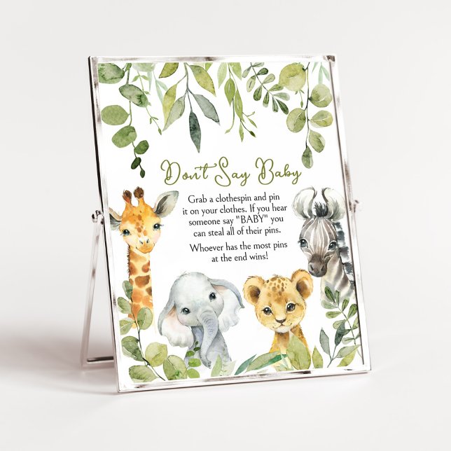 Wild One Jungle Safari Sage Baby nicht Poster (Greenery Animals Baby Shower  Don't Say Baby Sign)