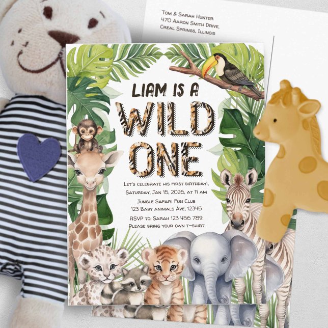 Wild one Jungle Safari thematischer Junge 1. Gebur Einladungspostkarte (Hes a wild one, boy 1st birthday postcard invitation.)