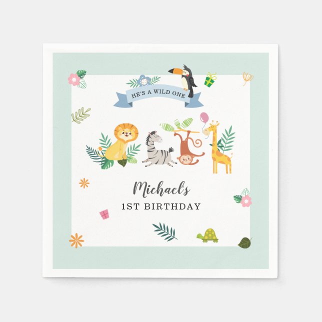 Wild One Jungle Safari Tier 1. Geburtstag Serviette (Vorderseite)