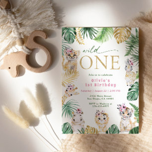 Wild One Jungle Safari Tier Gold 1. Geburtstag Einladung
