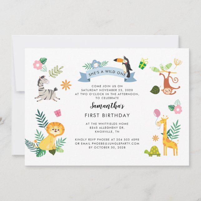 Wild One Jungle Safari Tiere 1. Geburtstag Mitteilungskarte (Vorderseite)