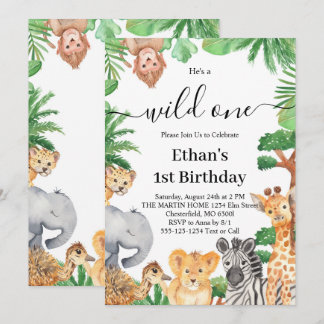 Wild One Jungle Safari Tiere 1. Geburtstag Party Einladung