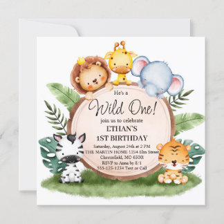 Wild One Jungle Safari Tiere 1. Geburtstag Party Einladung