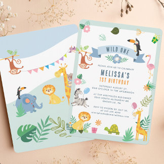 Wild One Jungle Safari Tiere 1. Geburtstag Party Einladung