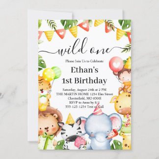 Wild One Jungle Safari Tiere 1. Geburtstag Party Einladung