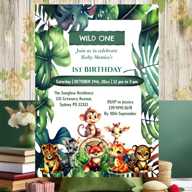 Wild One Jungle Safari Tropische Blätter Geburtsta Einladung (Wild One Birthday Jungle Safari Tropical Leaves Invitation)