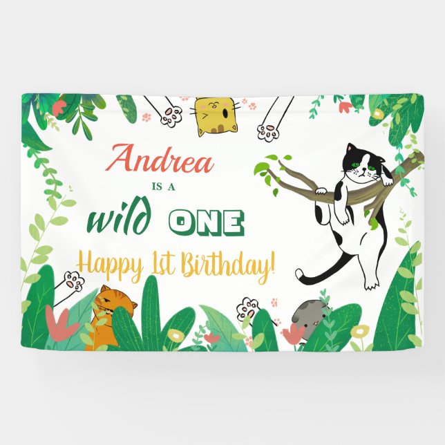 Wild One Kitty Cat Kitten Einladung zum 1. Geburts Banner (Horizontal)