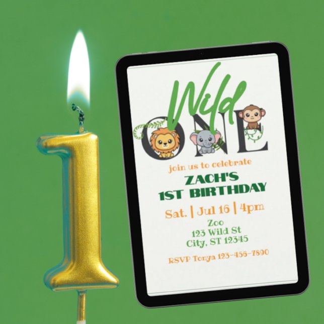 Wild One Lion Elephant Monkey 1st Birthday Minimal Einladung (Von Creator hochgeladen)