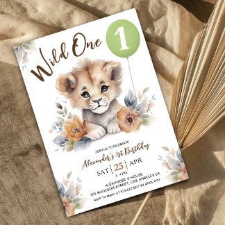 Wild One Lion Sage Green Balloon 1. Geburtstag Jun Einladung