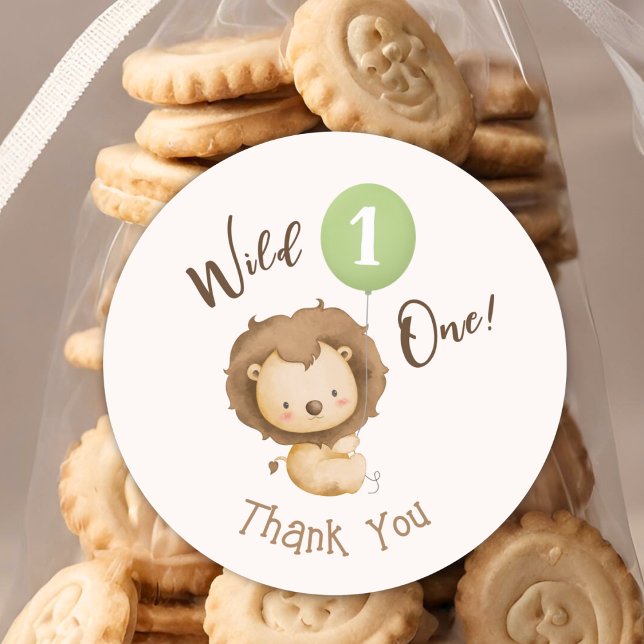Wild One Lion Sage Green Balloon Junge 1. Geburtst Runder Aufkleber (Von Creator hochgeladen)
