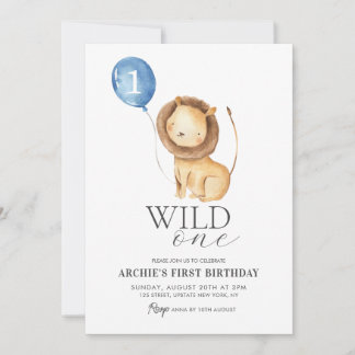Wild One Lion Watercolor Ballon Boys 1. Geburtstag Einladung
