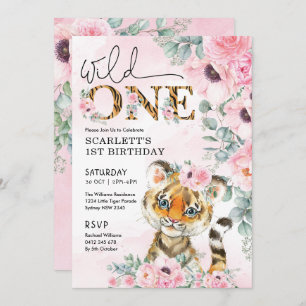 Wild One Little Tiger 1. Geburtstag Pink Floral Einladung
