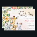 Wild One Lovely Safari Friends Erster Geburtstag Einladung<br><div class="desc">Sie ist eine Wild One,  das erste Geburtstagsdesign mit schönen Safari-Tiergesichtern und tropischem Dschungelblättern. Passen Sie diesen Text für jeden Anlass für Ihre Kleine an.</div>