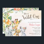 Wild One Lovely Safari Friends Erster Geburtstag Einladung<br><div class="desc">Sie ist eine Wild One,  das erste Geburtstagsdesign mit schönen Safari-Tiergesichtern und tropischem Dschungelblättern. Passen Sie diesen Text für jeden Anlass für Ihre Kleine an.</div>