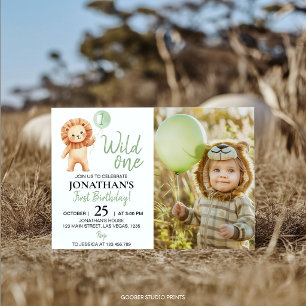 Wild One Löwe Sage Grün Ballon Geburtstagsfoto Einladung