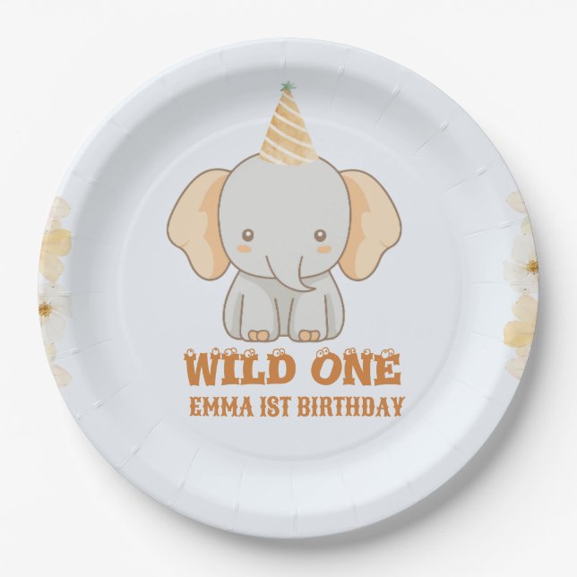 Wild One Niedlich Elephant 1. Geburtstag Pappteller (Vorderseite)