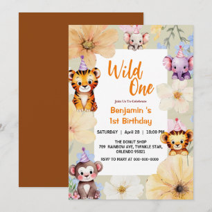 Wild One Niedlich Jungle Animal Child's 1. Geburts Einladung