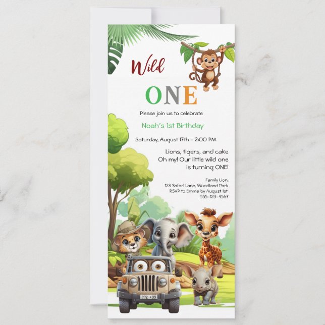 Wild One Niedlich Jungle Animal Child's 1. Geburts Einladung (Vorderseite)