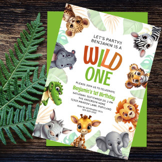 Wild One Niedlich Jungle Animal Child's 1. Geburts Einladung