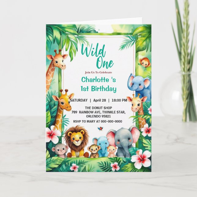 Wild One Niedlich Jungle Animal Child's 1. Geburts Einladung (Vorderseite)