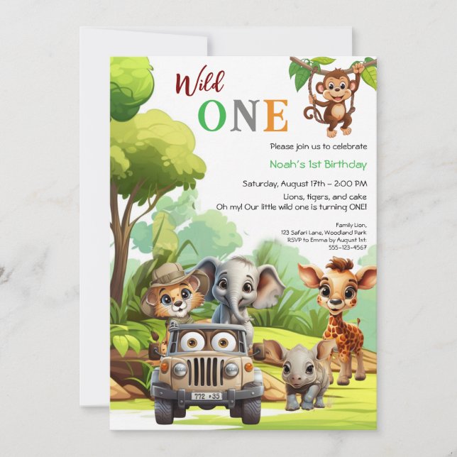Wild One Niedlich Jungle Animal Child's 1. Geburts Einladung (Vorderseite)