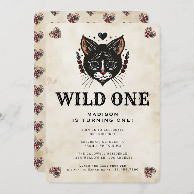 Wild One Niedlich Kitten Cat Rockabilly 1. Geburts Einladung (Vorne/Hinten)