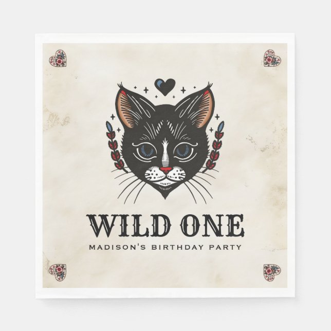Wild One Niedlich Kitten Cat Rockabilly 1. Geburts Serviette (Vorderseite)