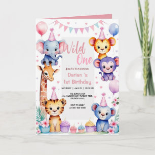 Wild One Niedlicher Tiere Ballon Girl 1. Geburtsta Einladung