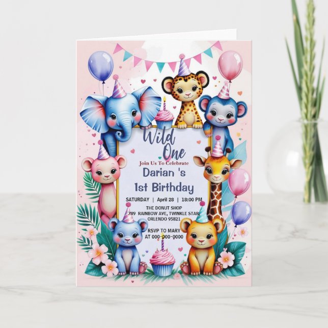 Wild One Niedlicher Tiere Ballon Kinder 1. Geburts Einladung (Vorderseite)
