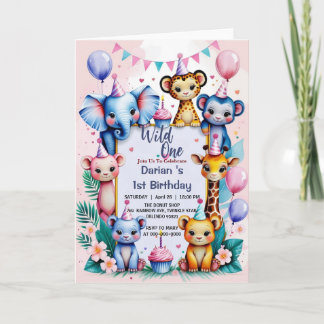 Wild One Niedlicher Tiere Ballon Kinder 1. Geburts Einladung