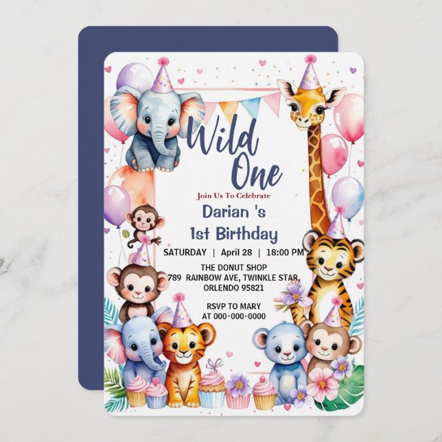 Wild One Niedlicher Tiere Balloon Boy 1st Birthday Einladung (Vorne/Hinten)