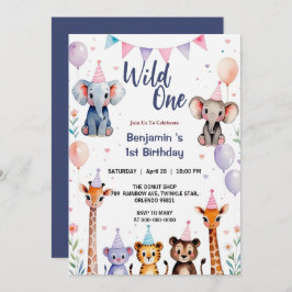 Wild One Niedlicher Tiere Balloon Boy 1st Birthday Einladung