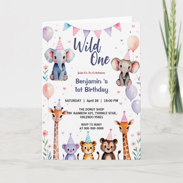 Wild One Niedlicher Tiere Balloon Boy 1st Birthday Einladung (Vorderseite)