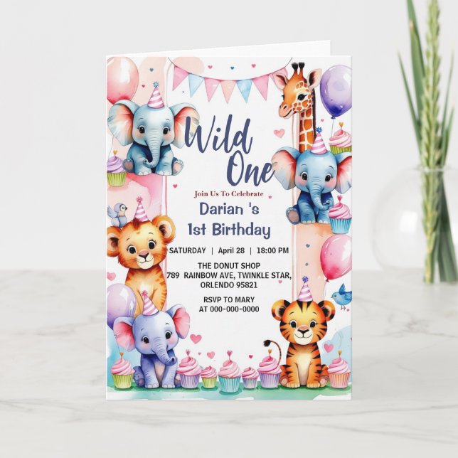 Wild One Niedlicher Tiere Balloon cupcake 1. Gebur Einladung (Vorderseite)