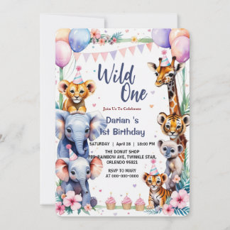 Wild One Niedlicher Tiere Balloon cupcake 1. Gebur Einladung