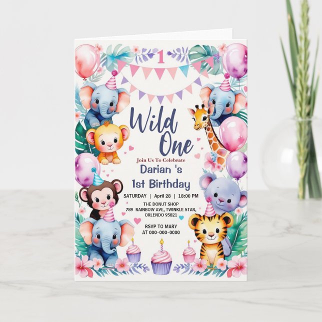 Wild One Niedlicher Tiere Balloon cupcake 1. Gebur Einladung (Vorderseite)