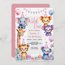 Wild One Niedlicher Tiere Balloon cupcake 1. Gebur Einladung
